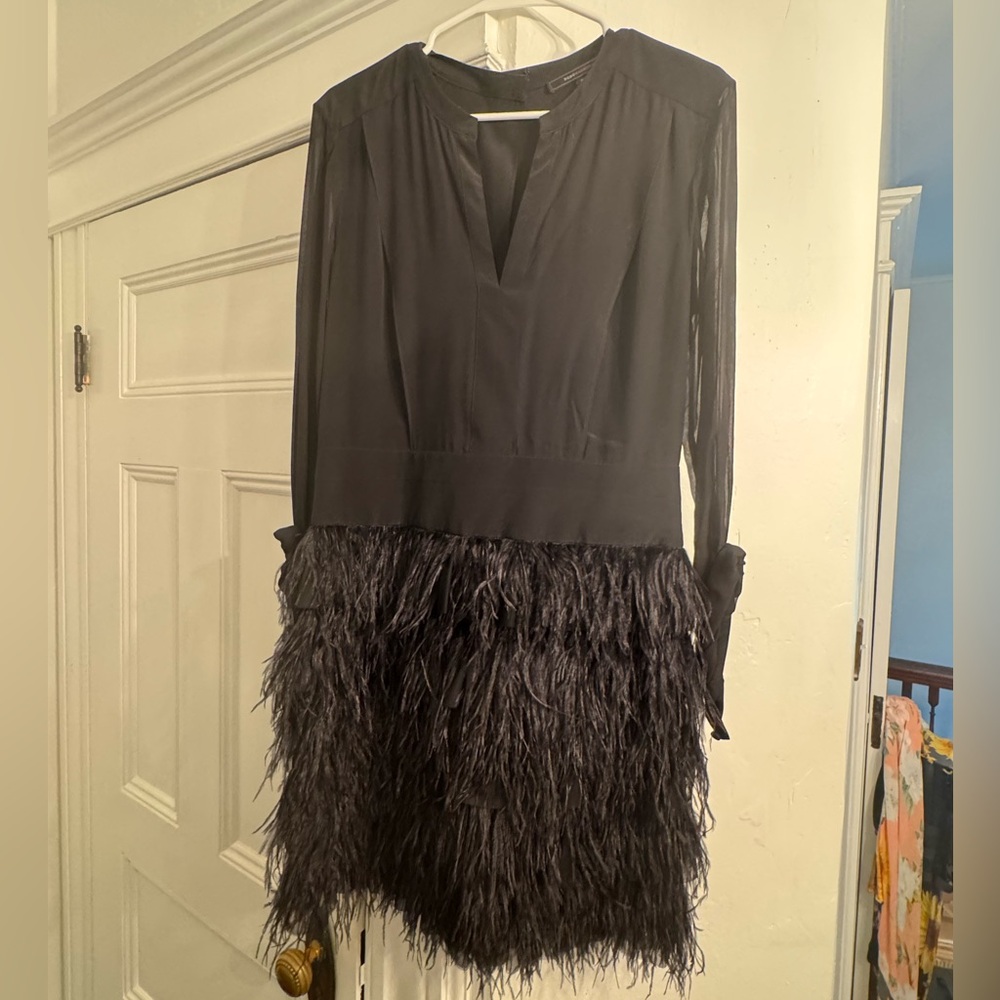 BCBGMaxAzria Black Long Sleeve Feathered Dress